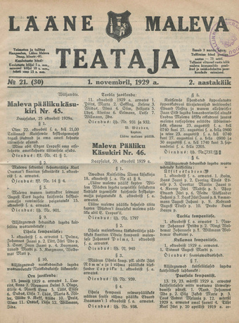 Lääne Maleva Teataja ; 21 (30) 1929-11-01