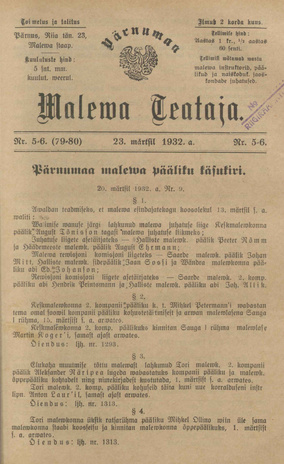 Pärnumaa Maleva Teataja ; 5-6 (79-80) 1932-03-23