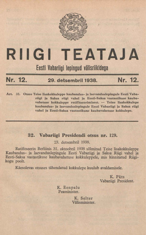 Riigi Teataja. Eesti Vabariigi lepingud välisriikidega ; 12 1938-12-29