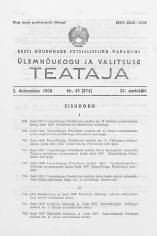 Eesti Nõukogude Sotsialistliku Vabariigi Ülemnõukogu ja Valitsuse Teataja ; 49 (874) 1988-12-02