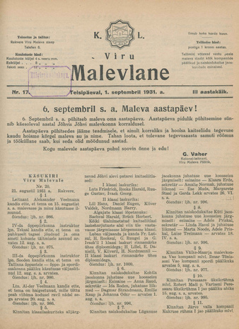 K. L. Viru Malevlane ; 17 1931-09-01