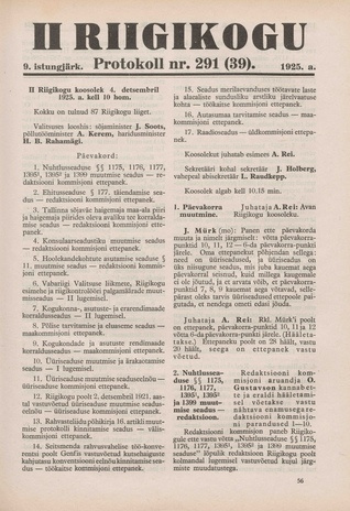 II Riigikogu : IX istungjärk : protokoll nr. 291 (39)