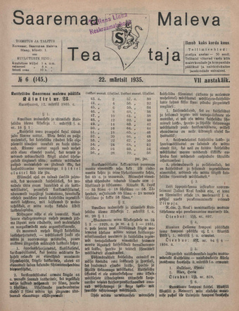 Saaremaa Maleva Teataja ; 6 (145) 1935-03-22