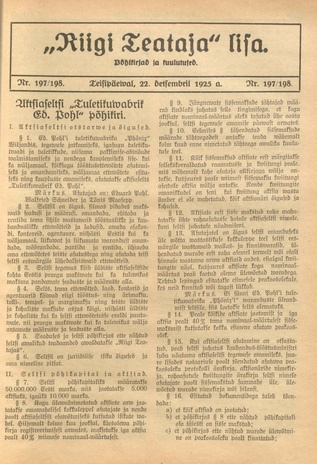 Riigi Teataja Lisa : seaduste alustel avaldatud teadaanded ; 197/198 1925-12-22