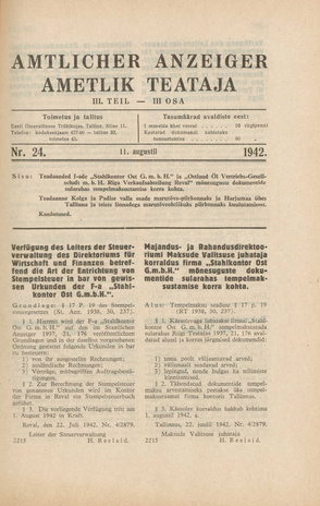 Ametlik Teataja. III osa = Amtlicher Anzeiger. III Teil ; 24 1942-08-11