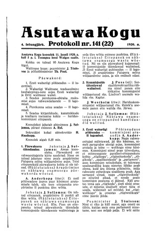 Asutawa Kogu protokoll nr.141 (22) (11. juuni 1920)