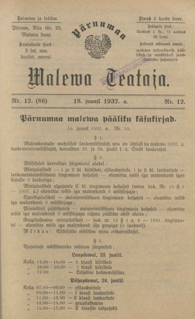 Pärnumaa Maleva Teataja ; 12 (86) 1932-06-18