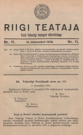 Riigi Teataja. Eesti Vabariigi lepingud välisriikidega ; 11 1938-12-13