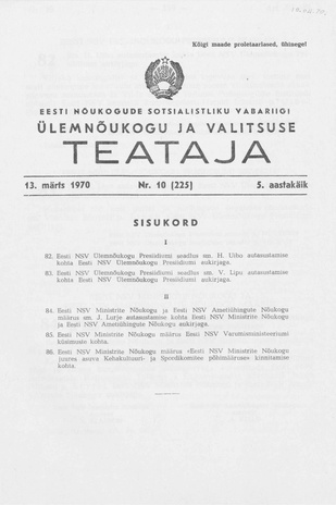 Eesti Nõukogude Sotsialistliku Vabariigi Ülemnõukogu ja Valitsuse Teataja ; 10 (225) 1970-03-13