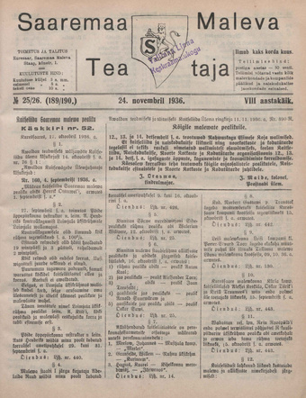 Saaremaa Maleva Teataja ; 25/26 (189/190) 1936-11-24