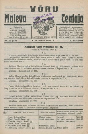 Võru Maleva Teataja ; 19 (104) 1937-10-01