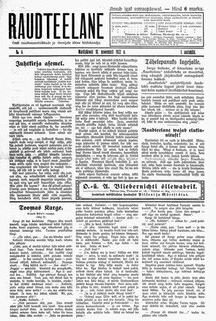Raudteelane : Eesti Raudteeametnikkude ja -teenijate ühine häälekandja ; 4 1922-11-10