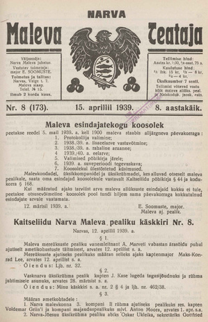 Narva Maleva Teataja ; 8 (173) 1939-04-15