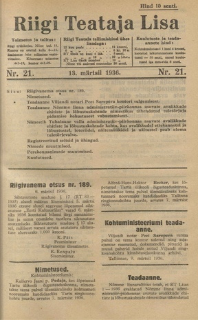 Riigi Teataja Lisa : seaduste alustel avaldatud teadaanded ; 21 1936-03-13