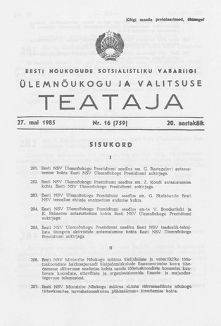Eesti Nõukogude Sotsialistliku Vabariigi Ülemnõukogu ja Valitsuse Teataja ; 16 (759) 1985-05-27