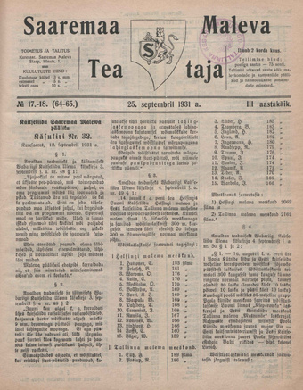Saaremaa Maleva Teataja ; 17-18 (64-65) 1931-09-25