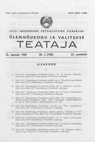 Eesti Nõukogude Sotsialistliku Vabariigi Ülemnõukogu ja Valitsuse Teataja ; 3 (780) 1987-01-26