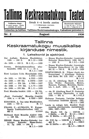 Tallinna Keskraamatukogu Teated ; 2 1930-08