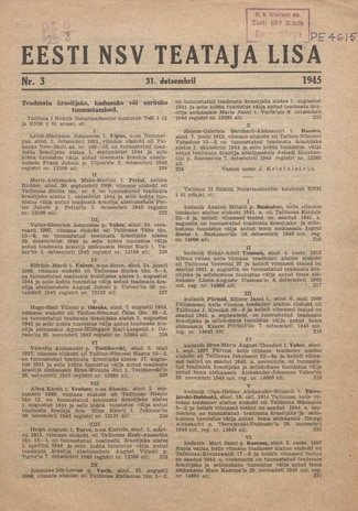 Eesti NSV Teataja lisa ; 3 1945-12-31