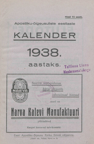 Apostlik-õigeusuliste eestlaste kalender 1938 aastaks ; 1937