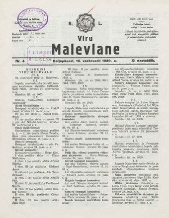K. L. Viru Malevlane ; 4 1939-02-16