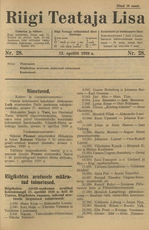 Riigi Teataja Lisa : seaduste alustel avaldatud teadaanded ; 28 1929-04-12
