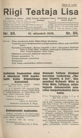 Riigi Teataja Lisa : seaduste alustel avaldatud teadaanded ; 85 1939-10-10