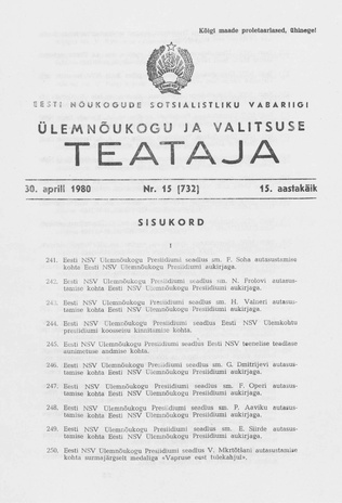 Eesti Nõukogude Sotsialistliku Vabariigi Ülemnõukogu ja Valitsuse Teataja ; 15 (732) 1980-04-30