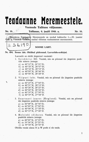 Teadaanne Meremeestele : Veeteede Talituse väljaanne ; 10 1940-07-06
