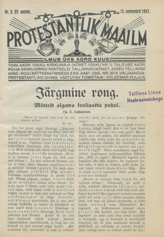 Protestantlik Maailm : Usu- ja kirikuküsimusi käsitlev vabameelne ajakiri ; 9 1937-08-15