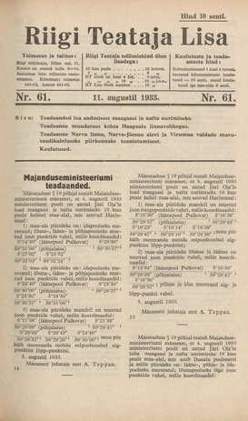Riigi Teataja Lisa : seaduste alustel avaldatud teadaanded ; 61 1933-08-11