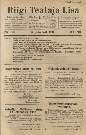 Riigi Teataja Lisa : seaduste alustel avaldatud teadaanded ; 90 1936-10-30