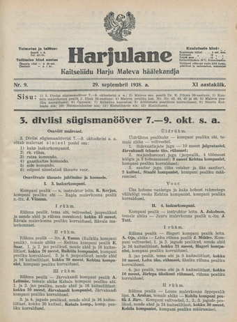 Harjulane : Kaitseliidu Harju Maleva häälekandja ; 9 1938-09-29