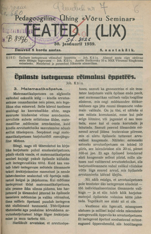Pedagoogiline Ühing "Võru Seminar" : teated ; I (LIX) 1939-01-30