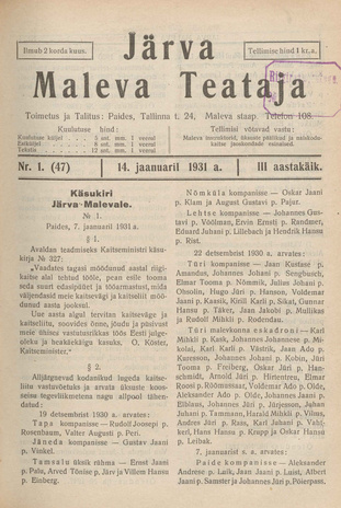 Järva Maleva Teataja ; 1 (47) 1931-01-14