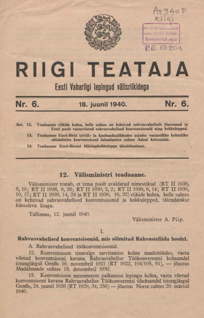 Riigi Teataja. Eesti Vabariigi lepingud välisriikidega ; 6 1940-06-18