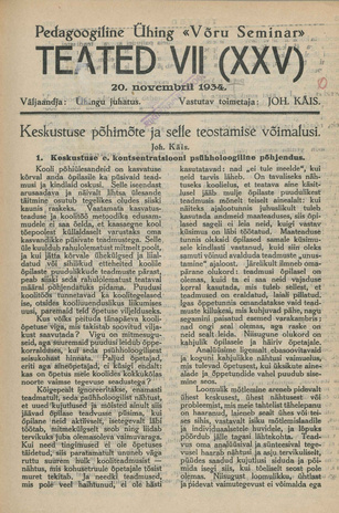 Pedagoogiline Ühing "Võru Seminar" : teated ; VII (XXV) 1934-11-20