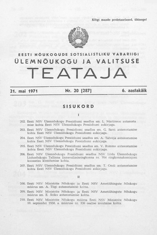 Eesti Nõukogude Sotsialistliku Vabariigi Ülemnõukogu ja Valitsuse Teataja ; 20 (287) 1971-05-21