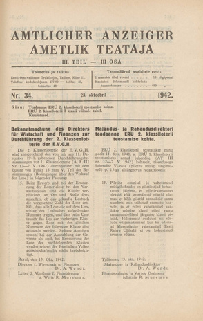 Ametlik Teataja. III osa = Amtlicher Anzeiger. III Teil ; 34 1942-10-23