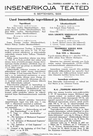 Insenerikoja Teated : ajakiri ; 7/8 1939-09-06