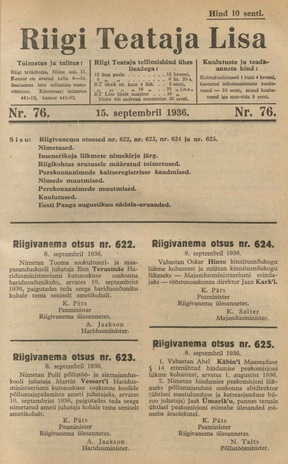 Riigi Teataja Lisa : seaduste alustel avaldatud teadaanded ; 76 1936-09-15
