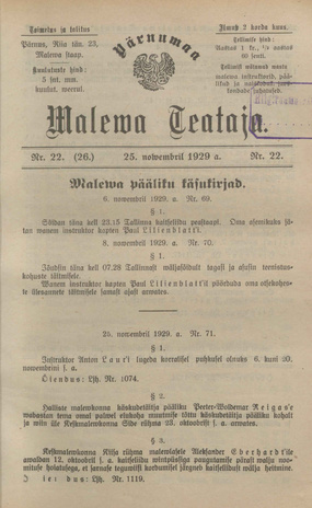 Pärnumaa Maleva Teataja ; 22 (26) 1929-11-25