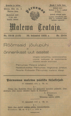 Pärnumaa Maleva Teataja ; 23-24 (115) 1933-12-20