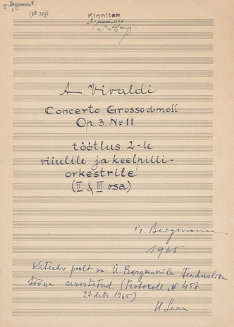 Concerto grosso d-moll op. 3 No. 11 töötlus 2-le viiulile ja  keelpilliorkestrile (II ja III osa) : teaduslik töö