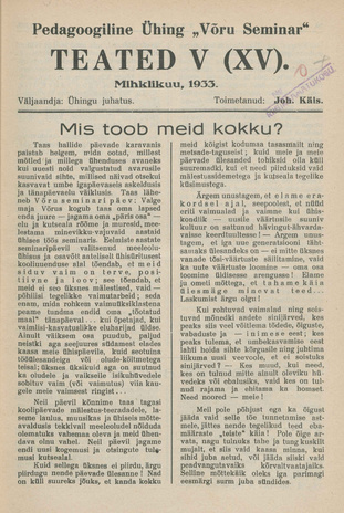 Pedagoogiline Ühing "Võru Seminar" : teated ; V (XV) 1933-09