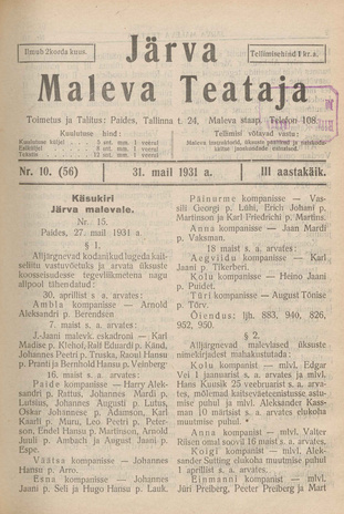 Järva Maleva Teataja ; 10 (56) 1931-05-31