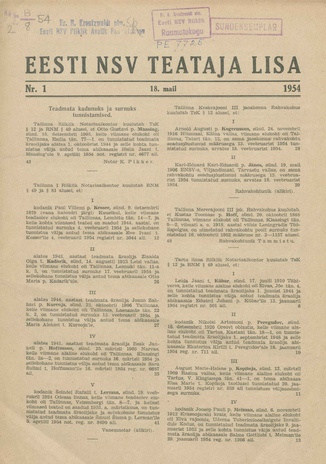Eesti NSV Teataja lisa ; 1 1954-05-18