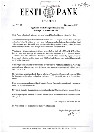 Eesti Pank : teabeleht ; 17 (182) 1997-12