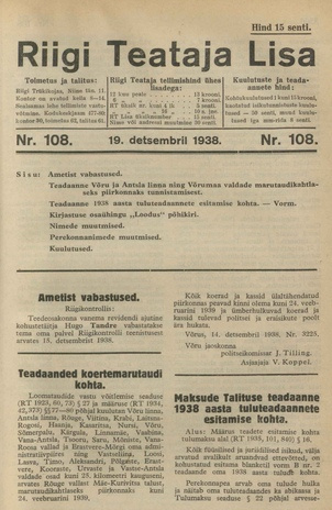 Riigi Teataja Lisa : seaduste alustel avaldatud teadaanded ; 108 1938-12-19