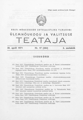 Eesti Nõukogude Sotsialistliku Vabariigi Ülemnõukogu ja Valitsuse Teataja ; 17 (284) 1971-04-30